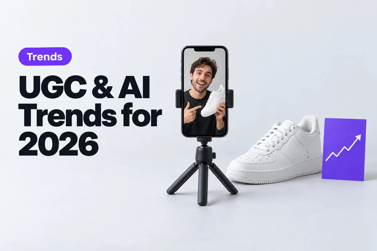 Smartphone on a small tripod playing a vertical video of a man reviewing sneakers, next to a white sneaker and a violet card with a rising line chart, on a light grey backdrop