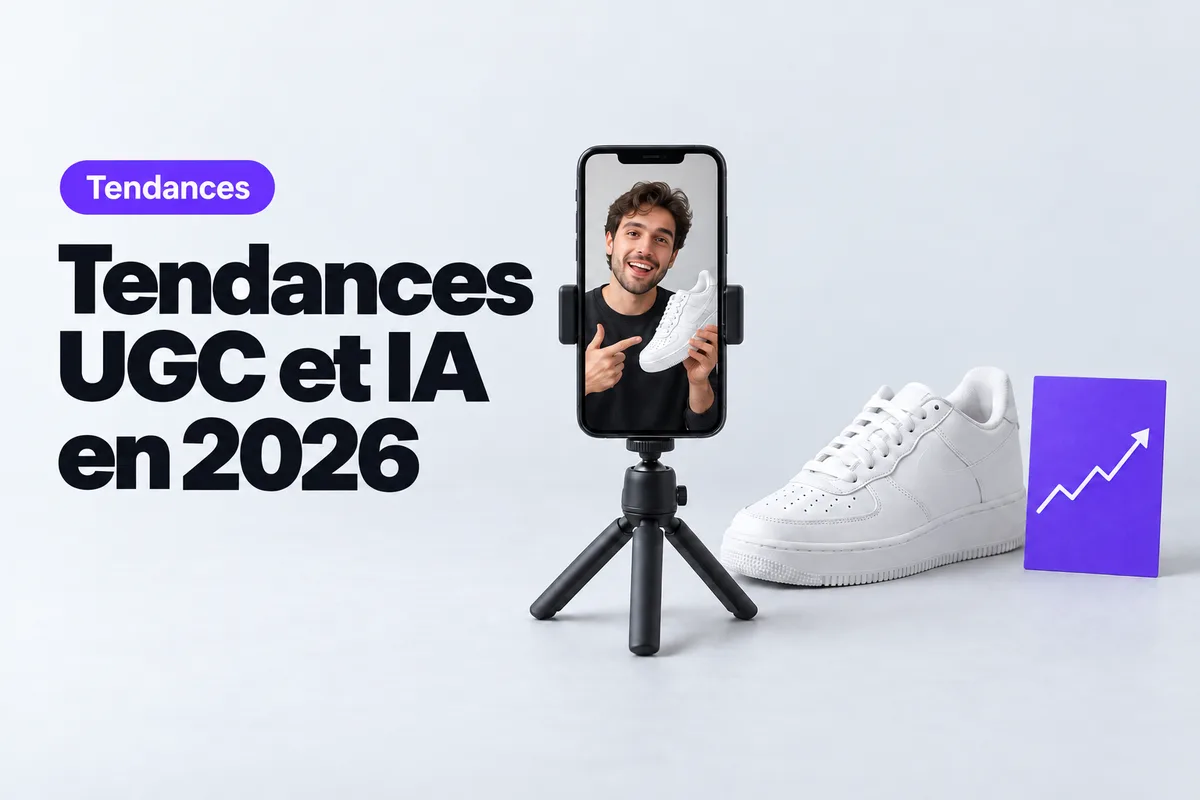 Smartphone sur un petit trépied affichant une vidéo verticale d'un homme qui présente des baskets, à côté d'une basket blanche et d'une carte violette avec une courbe ascendante, sur fond gris clair