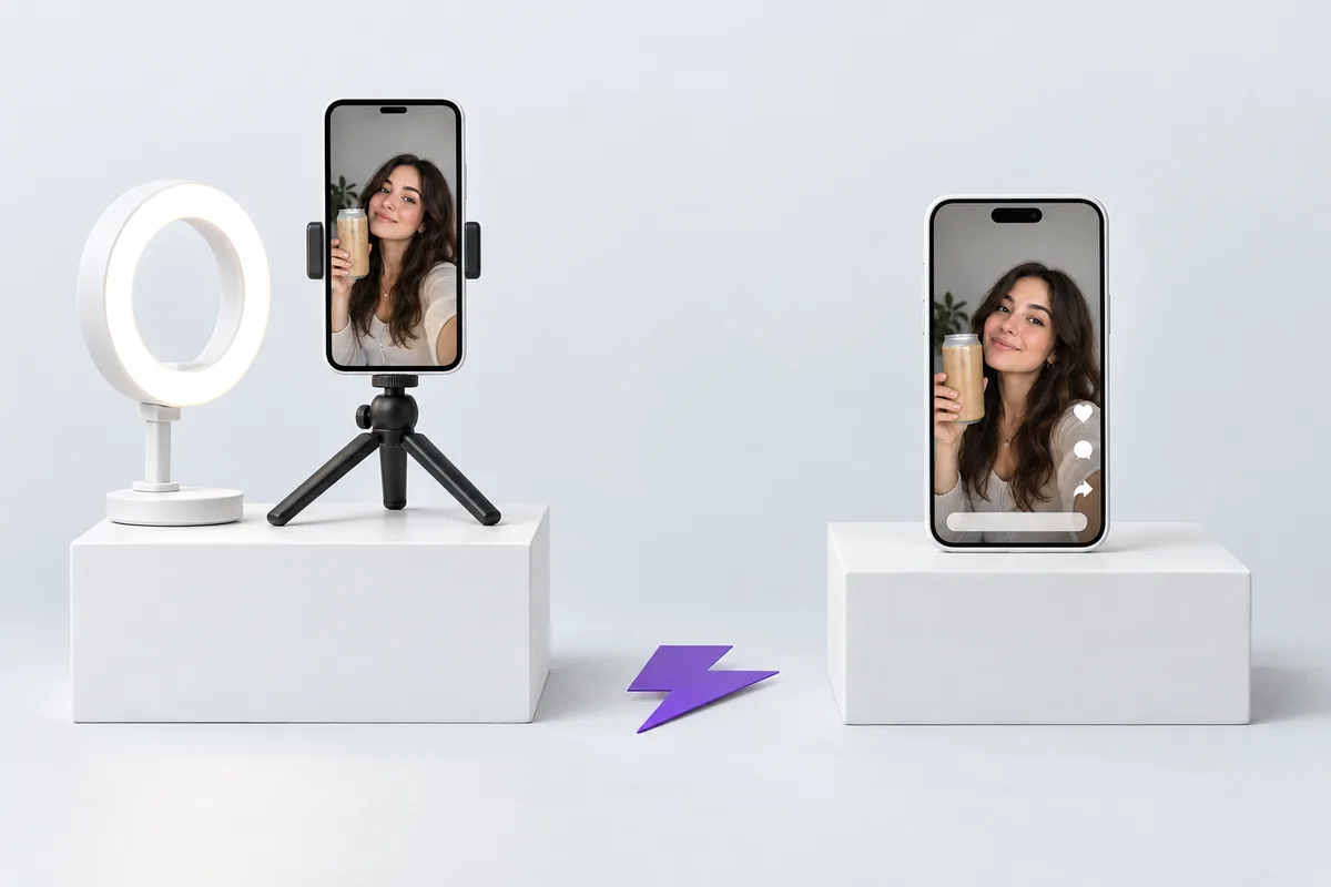 On the left, a phone on a tripod next to a ring light records a woman holding an iced coffee; in the middle, a violet lightning bolt; on the right, a phone shows the same video as an ad with like, comment and share icons