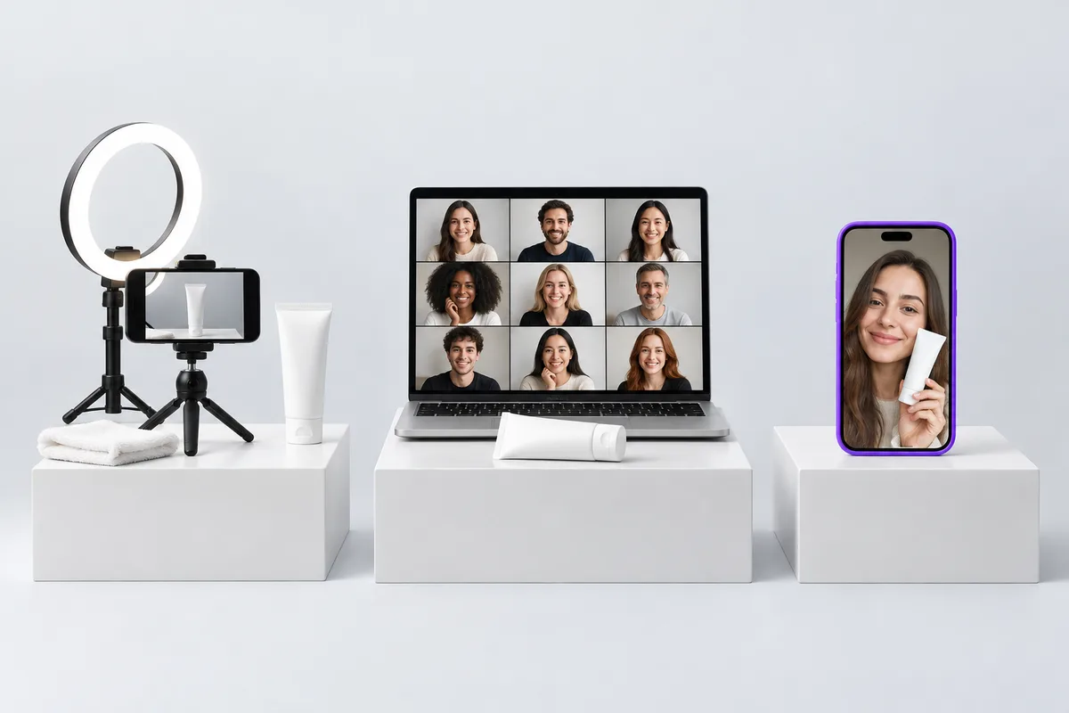 Three setups on white blocks: a phone on a tripod filming a skincare tube next to a ring light, a laptop showing a grid of creator photos, and a phone in a violet case playing a selfie video of a woman holding the tube